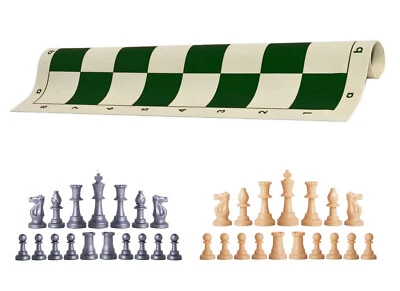 Silver & Natural Chess Pieces 20" Green Vinyl Board - Single Weight Chess Set - Image 1 of 4