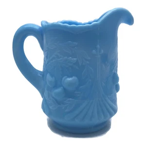 Vtg LE Smith Wreathed Cherries Opaque Blue Slag Glass Pitcher Creamer 4-3/4" R1 - Picture 1 of 6