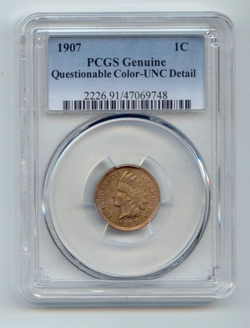 1907 Indian Head Cent, PCGS Unc Details, Questionable Color, Uncirculated Cover