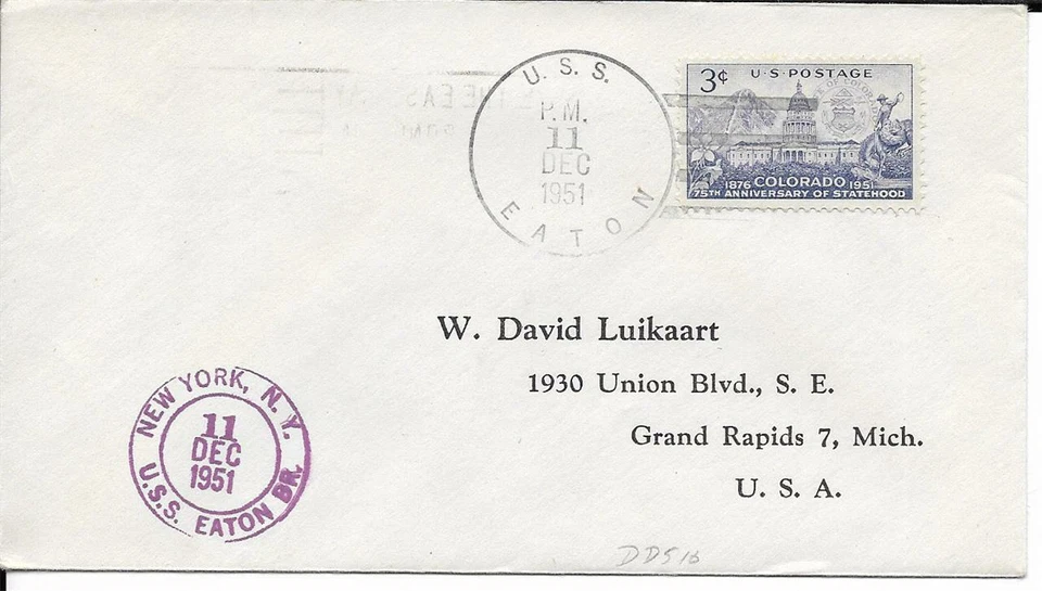 EATON (DDE-510) 11 Dic 1958 1er Día Servicio Postal Locy Tipo 2r & 9efu (B-106) Foto 1 de 1