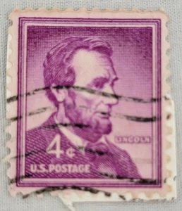U.S. Postage ~ Abraham Lincoln ~ 4¢ Purple Stamp ~ Used/Posted ~ c.1954 - Q059 - Picture 1 of 6