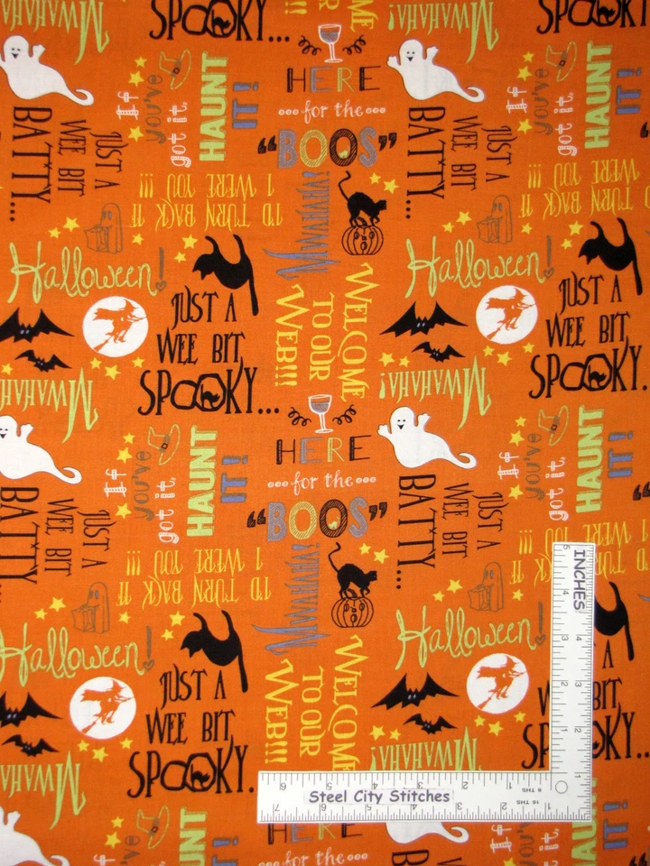 Halloween Gato Fantasma Palabras Naranja Tela Algodón Wilmington Aquí Para El Patio Boos Foto 1 de 1