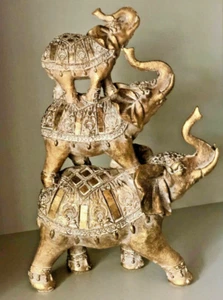 Gold Elephant Family Ornament 3 Stacked Elephants Statue Floral Design Figurine - Picture 1 of 6