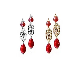Earrings red crystal and flower charm long drop, choose fittings - Picture 1 of 4