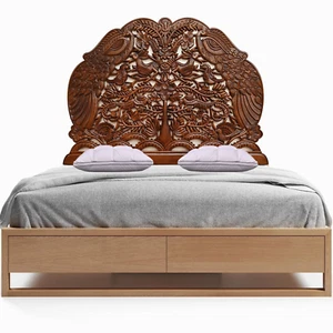 Handmade Carved Peacock Brown Flower Wall Decor Bed Headboard Home Decor - Picture 1 of 10