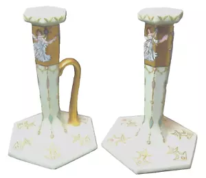 RARO Esmalte Elevado Decoración Bailarina Niñas Favorito Baviera Par Candelabros - Imagen 1 de 6