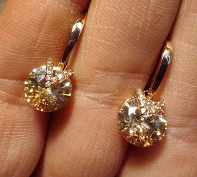 Розовое золото желтый цитрин пирс капли серьги круглый граненый прозрачный со стразами блестящий - Изображение 1 из 4