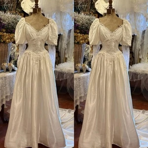 Vintage 1950S Wedding Dresses Short Sleeves Satin A Line Train Bridal Gowns - Picture 1 of 10