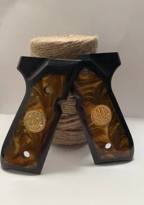 Beretta 92FS Pistol Grips Brown Pearl Black Wood Gold Medallion - Image 1 of 3