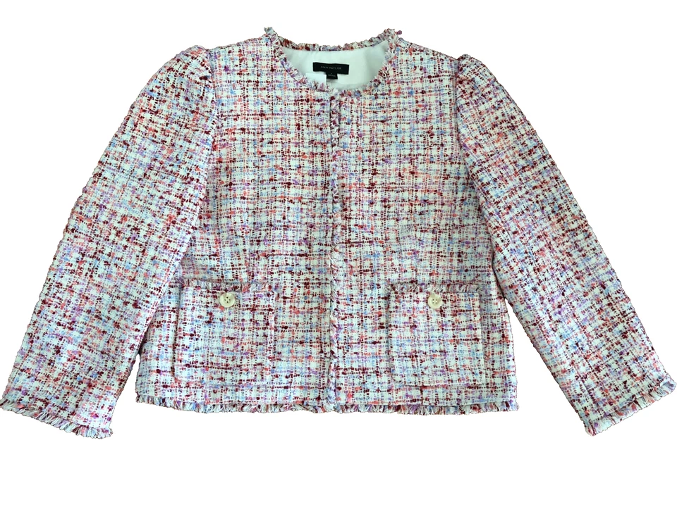 NUEVO CON ETIQUETAS Chaqueta Blazer Ann Taylor 6 Rosa Multicolor Tweed Flecos Recortada Carrera Foto 1 de 4