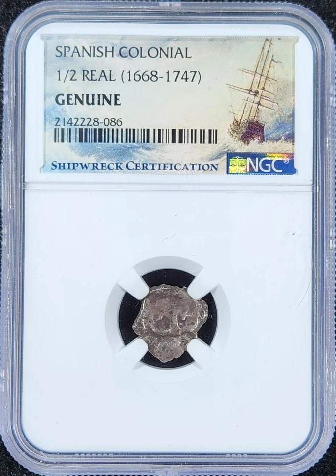 Silver 1668-1747 Spanish Colonial 1/2 Real Shipwreck Coin | NGC Genuine - Image 1 of 2