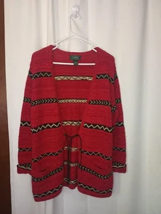 Lauren Ralph Lauren Hand Knit Southwestern Cardigan Small Red Tie Linen Aztec - Picture 1 of 8