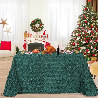 Rosette Tablecloth Dark Green 60x102 Inch 3D Floral Rectangle Table Cloth Chr... - Image 1 of 3