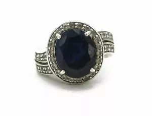 Estate Sterling Silver 925 Natural Sapphire & CZ Halo Ladies Ring 6.2g - Picture 1 of 4