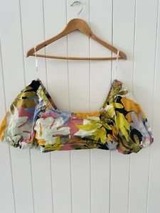 SHEIKE Crop Top Blouse Size 10 Colourful Short Puff Sleeve Zip Up Back Cotton - Picture 1 of 14