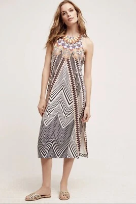 HD In Paris Anthropologie Black White Geometric Silk Solstice Midi Dress Size 4 - Image 1 of 4