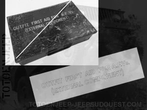 POCHOIR STENCIL CAISSE OUTFIT FIRST AID EXTERNAL BRITISH . jeep willys us ww2 - Foto 1 di 4