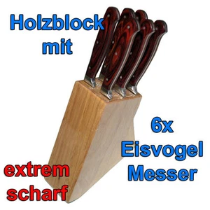 ZWEIBRÜDER Eisvogel 2187B Holz-Messerblock mit 6 Handabzug-Messer Spülfest Abzug