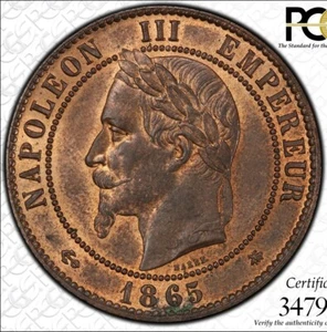 France, Napoleon III, 10 centimes 1865-A, PCGS MS63RB, Last Year - RARE! - Picture 1 of 4