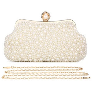 Women Pearl Clutch Evening Bag Noble Crystal Beaded Wedding Party Handbag - Picture 1 of 12