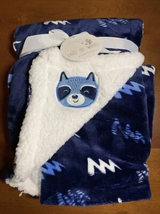 Mothers Promise Baby Blanket Navy Velour Raccoon Lightning Bolts White Sherpa  - Picture 1 of 7