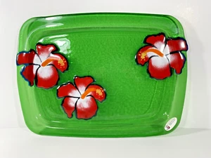 Jan Mitchell Glass Tray 11.5" x 15.5" Red Hibiscus Green Base Virgin Island - Picture 1 of 10