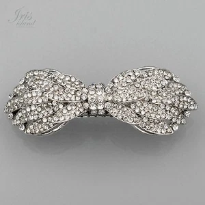 Silver Tone Bow Clear Rhinestone Crystal Alloy Barrette Hair Clip pin 03558 - Picture 1 of 5