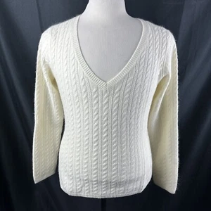 Womens Talbots White Cable Knit Low Cut V Neck Wool Blend Sweater Large Retro - Picture 1 of 9