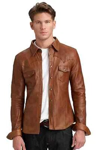 Men's Brown Distressed Leather Shirt 100% Pure Lambskin Made To Measure Shirt - Picture 1 of 7