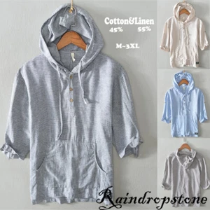 Herren Sommer gestreift Baumwolle Leinen Kapuze Langarm Hoodies Tops Oberbekleidung Shirts - Bild 1 von 15