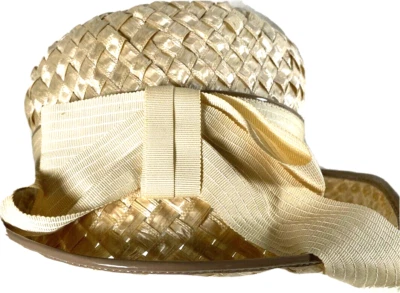 Vintage Bowler Hat Beige 4" Tall Woven Straw Summer Handmade Church Oversize Bow - Image 1 of 4