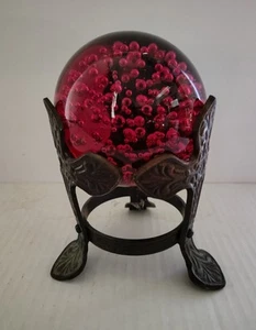 Ruby Red Glass Paperweight Ball Controlled Bubbles In Brass Ornate Cross Stand - Picture 1 of 9