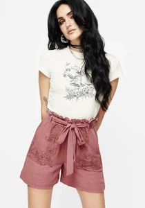 Disturbia Rosamoth Applique Trim Pink Tie Waist Shorts Women 14 NWT Y2K Gothic - Picture 1 of 11