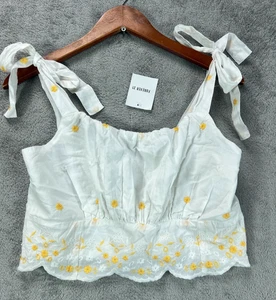 Forever 21 Womens XL White Eyelet Crop Tank Top Embroidered Yellow Floral Shirt - Picture 1 of 13