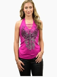 Hermosa camiseta sin mangas con diseño de cruz, ala y rosas rosa para dama - Hecha en EE. UU. - 7583 - Imagen 1 de 2