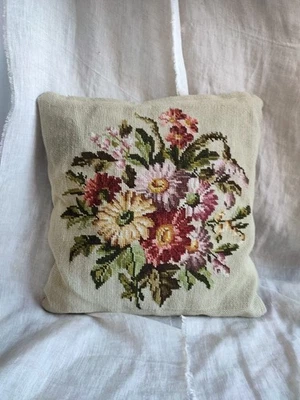 Vintage Needlepoint Wool Tapestry Cushion Floral w Laura Ashley Patchwork Back - Image 1 of 4