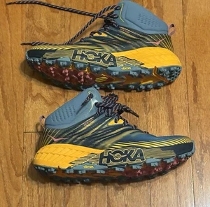 Hoka One One W Speedgoat Mid 2 GTX Blue & Yellow Lace-Up Trail Hiking Shoes Sz 8 - Picture 1 of 12
