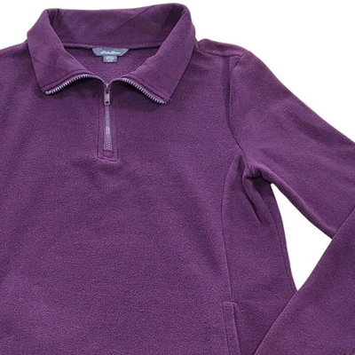 Pullover polar para mujer Eddie Bauer cuarto cremallera púrpura bolsillos pequeños Foto 1 de 4