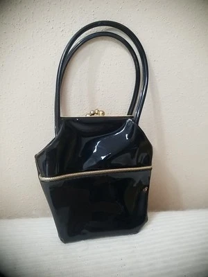 VTG Black Gold Accents Handbag Purse Retro Mod Style Faux Leather  - Image 1 of 4