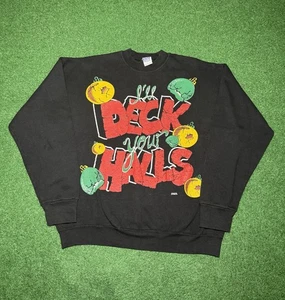 Vintage 90s Christmas Sweatshirt, Deck Your Halls Crewneck, Novelty XL Sweater - Picture 1 of 6