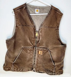 Vintage Carhartt Men’s XL Work Vest Distressed Brown Sherpa Lined Zip V26 DKB - Picture 1 of 9