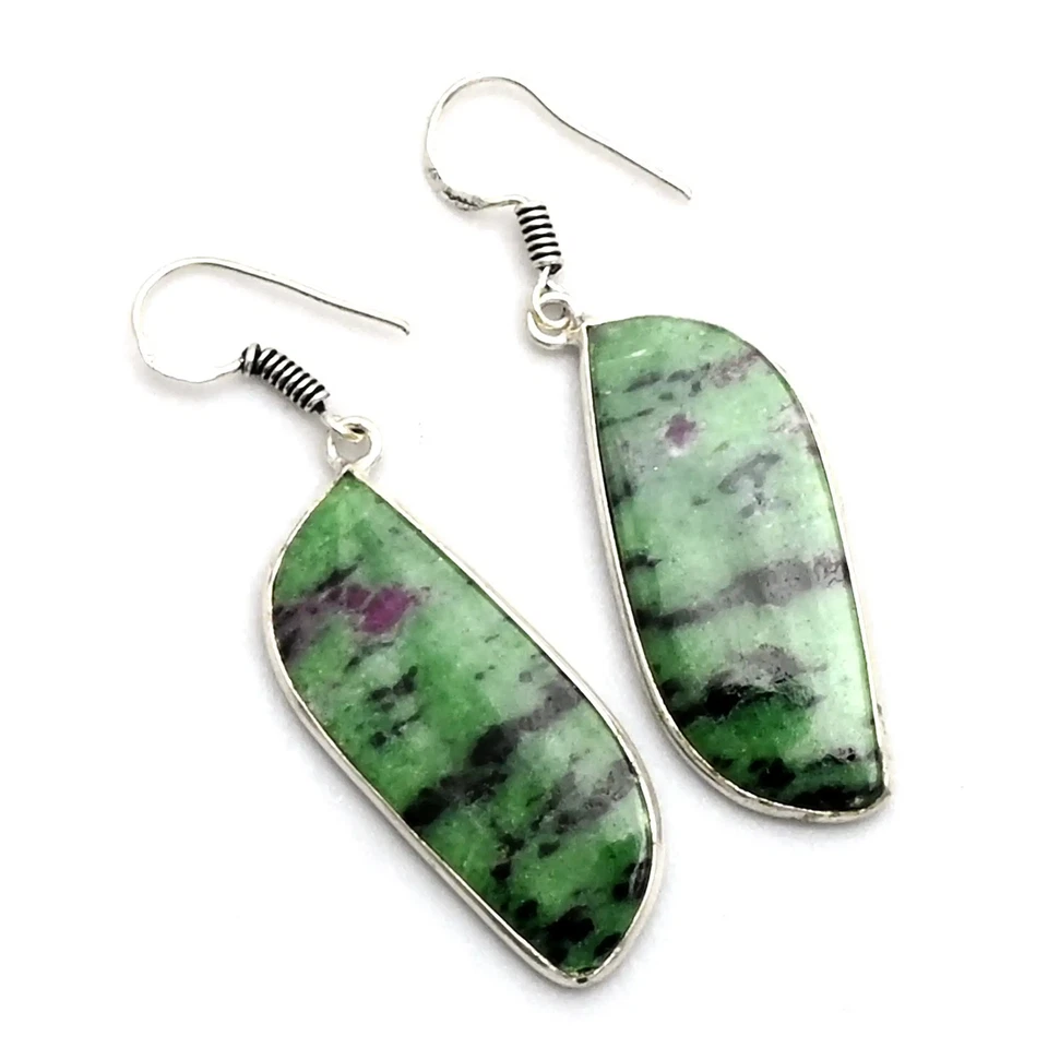 Pendientes colgantes hechos a mano de piedras preciosas de zoisita de rubí joyería regalo 1,8" AE-12826 Foto 1 de 1