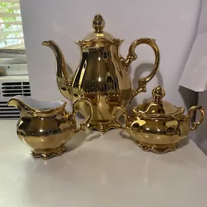Caffettiera/tè vintage JKW Dec. Karlsbad W Germania oro con zucchero e crema - Foto 1 di 24