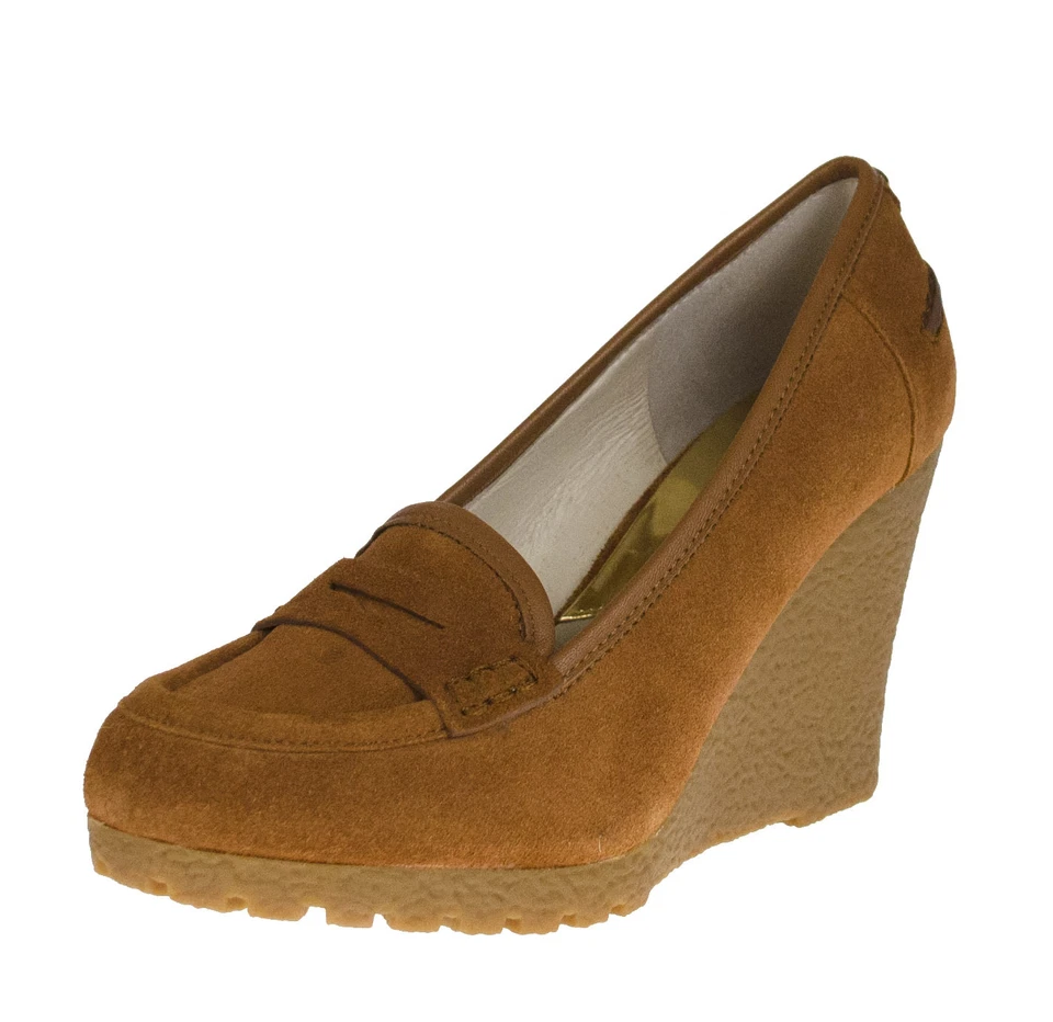 Michael Kors Rory Platform Wedge Loafer Walnut Suede Leather Sz 9