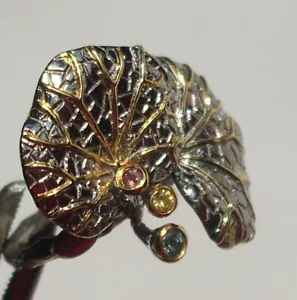 CeS Ring Lotusblatt, Lotus, mit Turmalin in Blau,Gelb und Rosa, Pink, Indigolith - Bild 1 von 1