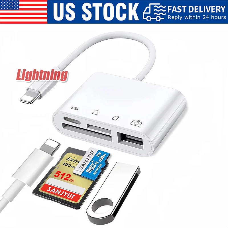 For iPhone iPod iPad IOS 12 Portable 4 in 1 USB SD TF Card Reader Camera Adapter - Image 1 of 4