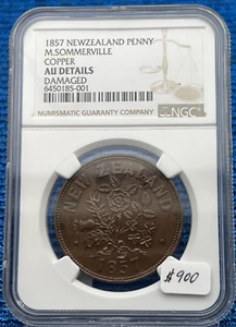 1857 NEW ZEALAND PENNY COPPER M SOMMERVILLE AUCKLAND NGC AU ALMOST UNC KM TN64 - Picture 1 of 8