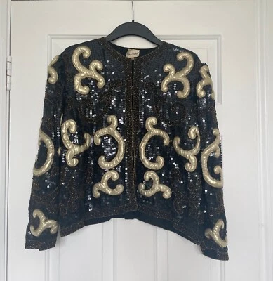 Frank Usher rare vintage 80’s Silk sequin & bead black & gold statement jacket - Image 1 of 4