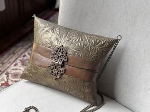 Vintage 1930s Art Deco Brass and Copper Repousse Formal Purse with 48” Chain - Picture 1 of 15