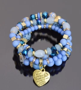 Set 4 Armbänder Armband Ibiza Boho Porcelain  Glasperlen Herz Anhänger Blau - Bild 1 von 1